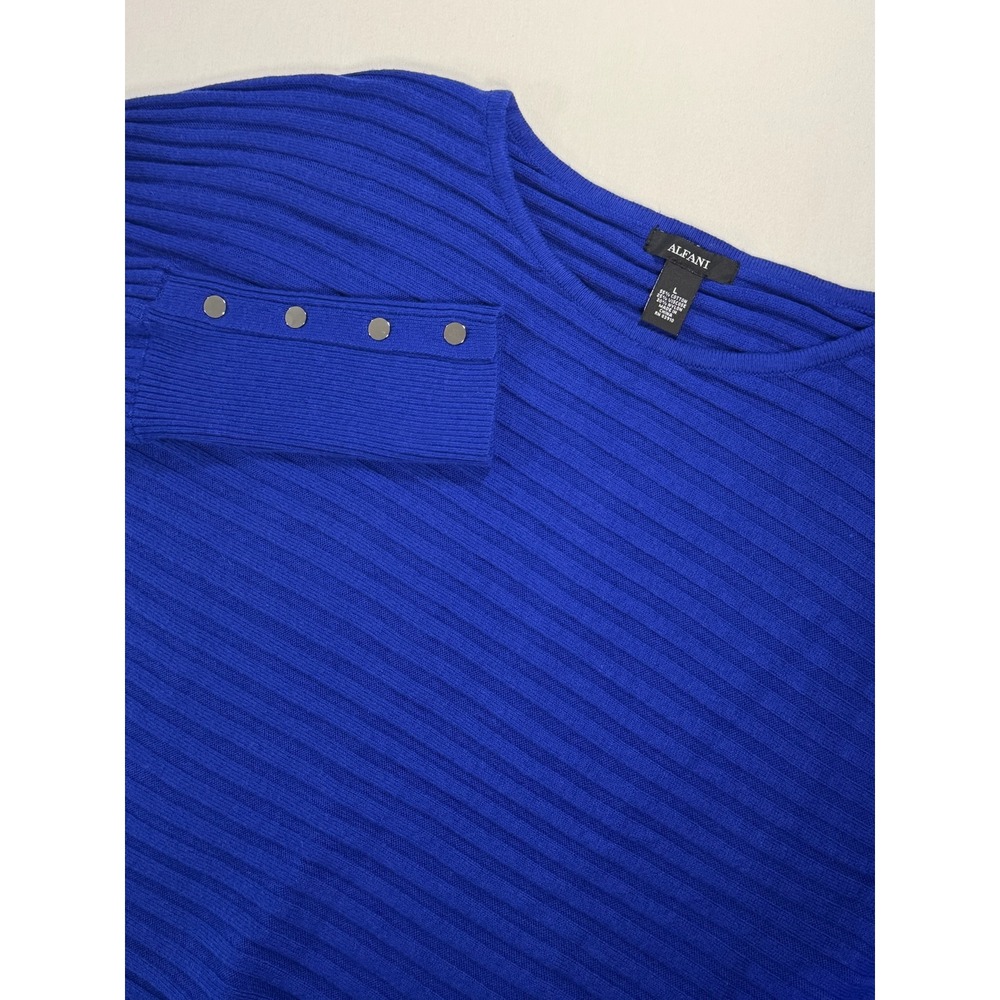 Alfani Womens Royal Blue Ribbed Batwing Sweater Snap Button Cuff Large